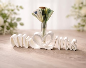 Mr & Mrs Wedding Gift - 3D Printed Wedding Decoration with Heart and Glass Tube - Gift for Bride and Groom (Glass not included)