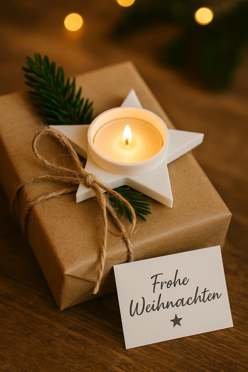 May include: A wrapped gift box with a white star-shaped candle holder and a lit candle. The box is wrapped in brown paper and tied with twine. A small card with the words "Frohe Weihnachten" is attached.