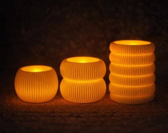 3D-printed tealight holder set (3 pieces) – Modern ribbed design – Scandinavian decorative LED candle holders – Minimalist home decor – Gift idea