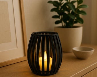 Modern 3D-printed plastic tealight holder | LED decorative light | Minimalist lantern | Sustainably produced | Black & White