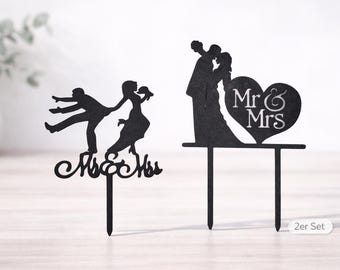 Set of 2 Wedding Cake Toppers – Bride and Groom & Mr & Mrs Heart Cake Toppers – Wedding Cake Decoration – Modern Cake Topper – Party Decoration – Gift