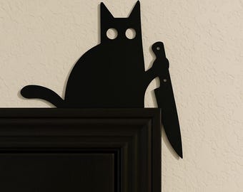 Cat with Knife – Halloween Decoration Figure – 3D Printed Black Silhouette for Shelf, Door Frame & Mantelpiece – Funny Gift Idea