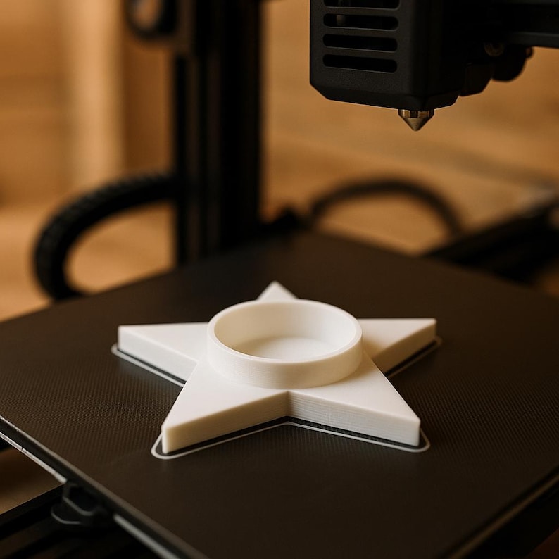 May include: A white, star-shaped 3D print with a circular indentation in the center. The print is on a black surface, with a 3D printer nozzle above. The object is likely a custom-made holder or base.