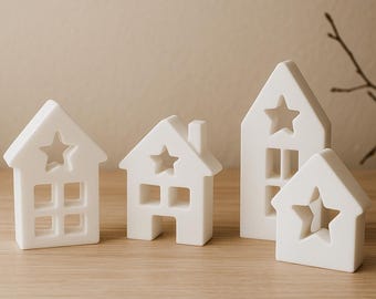 Set of 4 decorative houses with stars – 3D printed in white – Minimalist winter and year-round home decor, Scandinavian style