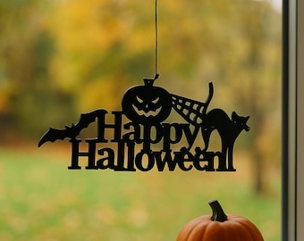 Halloween decoration “Happy Halloween” sign black – wall & door decoration with cat, pumpkin, spider and bat