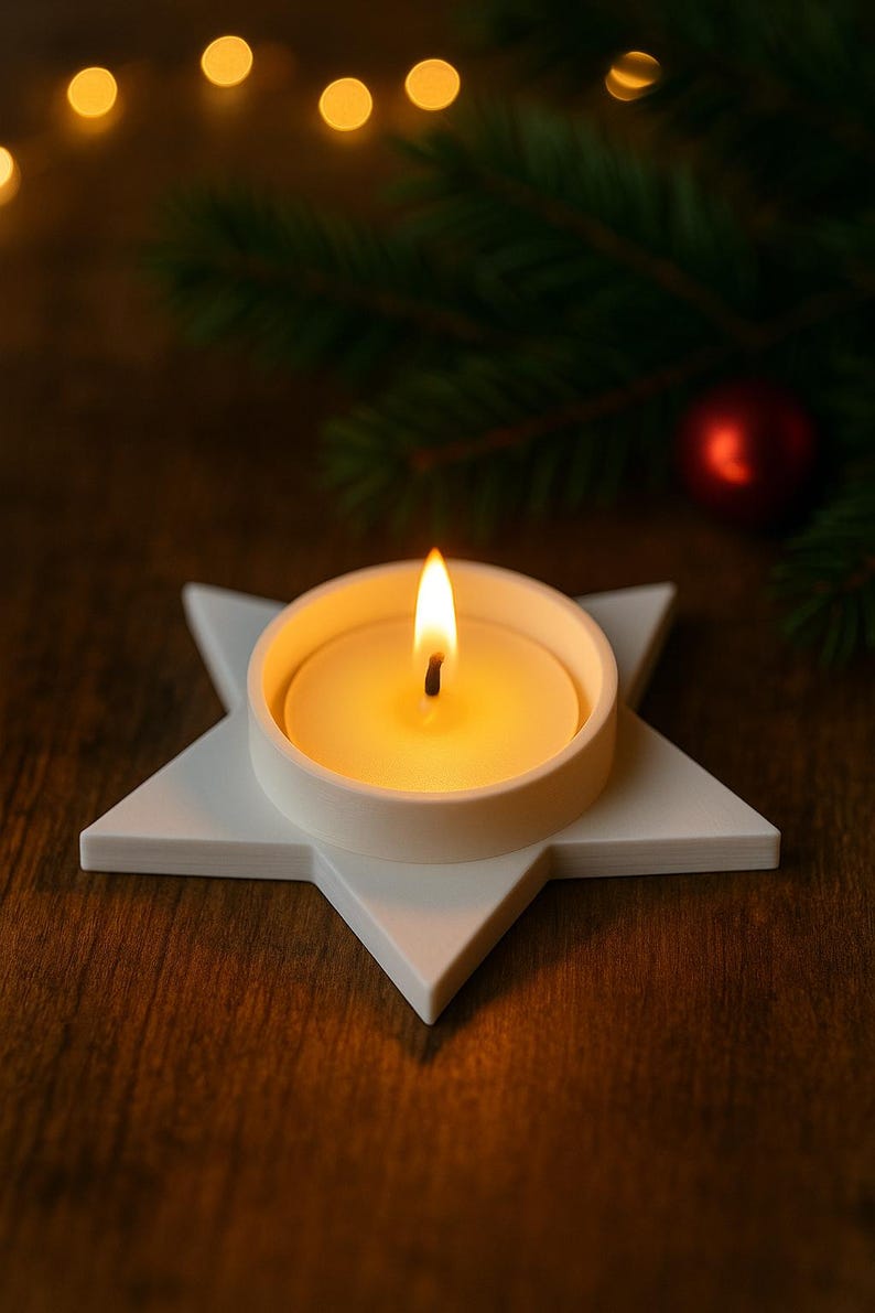 May include: A lit candle in a white ceramic holder shaped like a star. The candle is in a round, white container. The background includes a Christmas tree branch and a red ornament. The candle flame is bright.