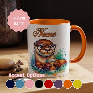 Aangepaste otter naam mok, retro grafische otter cadeau, schattige otter mok cadeau, cadeau voor otterliefhebber, cadeau voor collega accent koffiemok, 11oz, 15oz
