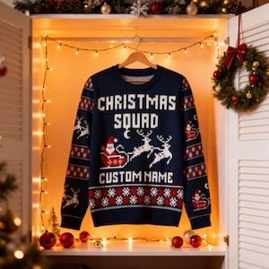 Custom 2025 Christmas Squad Knitted Sweater, Family Matching Christmas Knitted Crew Neck Sweater, Family Reunion Cozy Christmas Sweater
