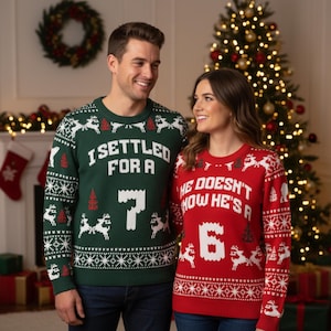 Funny Couple 6 7 Christmas Knitted Sweater, Funny Boyfriend Christmas Knit Sweater, Sarcastic Husband and Wife Sweater, 6 7 Meme Sweater