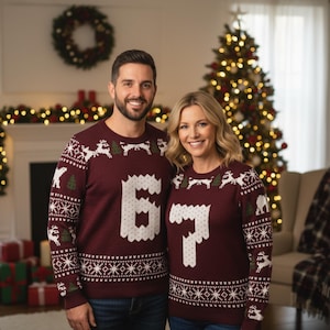 Funny Couple 6 7 Christmas Knitted Sweater, Funny Boyfriend Christmas Knit Sweater, Sarcastic Husband and Wife Sweater, 6 7 Meme Sweater