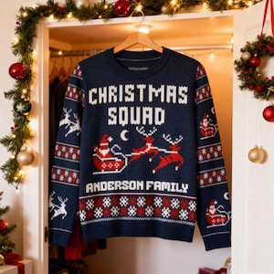 Family Matching Christmas Knitted Crew Neck Sweater, Custom 2025 Christmas Squad Knitted Sweater, Family Reunion Cozy Christmas Sweater