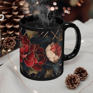 Red Peony Mug: Black Ceramic Coffee Cup, Gold Floral Design