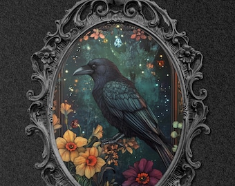 Gothic Raven Art Print, Dark Floral Wall Art, Celestial Crow Digital Download, Victorian Garden