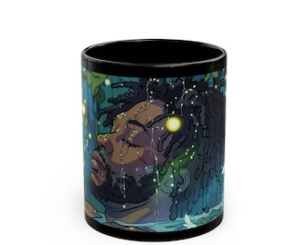 Dromerige zwarte mok voor de nacht: koffiekopje kunstzinnige fantasie