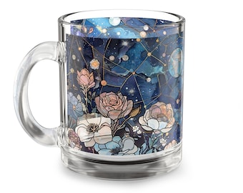 Taza de cristal con diseño floral celestial: Taza de café cósmica de noche estrellada
