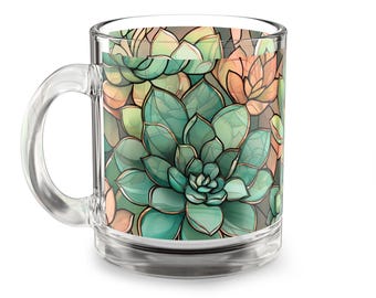 Taza de café de vidrio con suculentas: utensilios de cocina florales minimalistas, 283 ml
