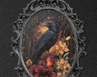 Gothic Raven Crystal Art, Dark Floral Wall Print, Mystical Crow Digital Download, Victorian Fantasy