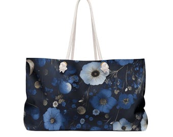 Blue Floral Weekender Bag: Moonlit Botanical Travel Duffel