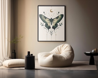 Muurkunst maanvlinder, hemelse vlinder print, smaragdgroen digitale download, moderne botanische kunst