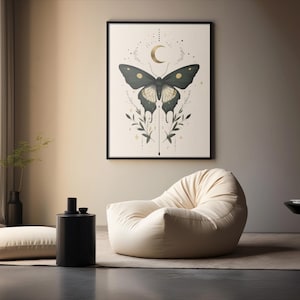 Golden Moon Moth Print, Celestial Butterfly Wall Art, Dark Green Botanical Digital Download, Luna Art