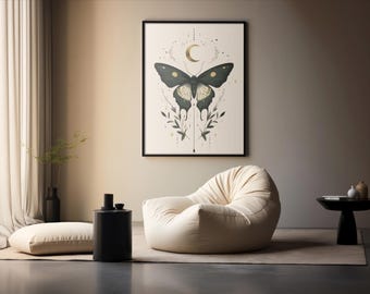 May include: A beige beanbag chair with a black and white illustration of a butterfly with a crescent moon above it in a black frame on a beige wall.