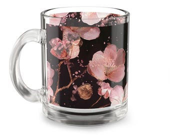 Taza de cristal con diseño floral: elegante diseño de flor de cerezo rosa