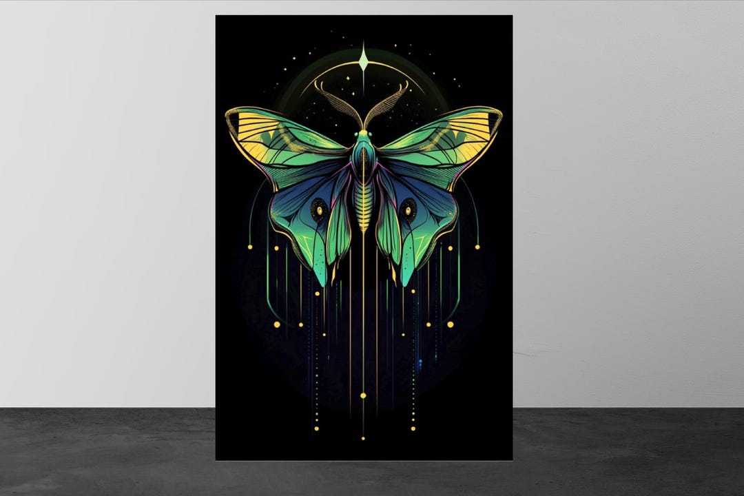 Neon Luna Moth Art Print: Emerald Green Gothic Wall Decor (digital ...