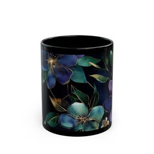 Black Floral Coffee Mug: Botanical Tea Cup, Plant Lover Gift
