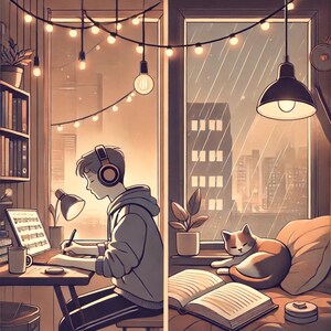 Puede incluir: Una persona con auriculares está sentada en un escritorio frente a un ordenador portátil, trabajando en una partitura musical. Un gato duerme en una cama en el fondo, con un libro y un pequeño objeto decorativo en la cama. La habitación está decorada con luces de cadena y una ventana con vista a una ciudad.