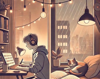May include: A person wearing headphones sits at a desk in front of a laptop computer, working on a music score. A cat naps on a bed in the background, with a book and a small decorative object on the bed. The room is decorated with string lights and a window with a view of a city.