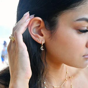 18K Gold Cubic Zirconia Moon Hoop Earrings Filled Stud Freshwater Pearls Baroque Dangle CZ Lighting Bolt Hand Wired Cuffs Pair Bee Hook