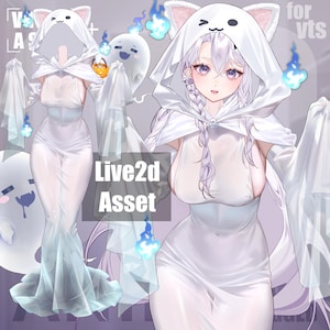 Op de afbeelding: Een digitale illustratie van een witte jurk met capuchon, kattenoren op de capuchon, een spookthema en blauwe vlamaccenten. De tekst Live2d Asset is zichtbaar. Het personage draagt de witte jurk met capuchon en lange, zwierige mouwen.
