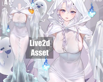 May include: A digital illustration of a white hooded dress featuring cat ears on the hood, a ghost-themed design, and blue flame accents. The text Live2d Asset is visible. The character wears the white hooded dress with long flowing sleeves.