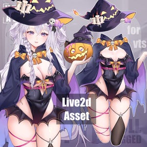 Może przedstawiać: Cyfrowa ilustracja stroju na Halloween dla wirtualnej postaci. Strój zawiera kapelusz czarownicy z czaszkowymi akcentami, czarny body z detalami skrzydeł nietoperza i rekwizyt dyni. Widoczny jest tekst "Live2d Asset".