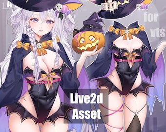 May include: A digital illustration of a Halloween-themed outfit for a virtual character. The outfit includes a witch hat with skull accents, a black bodysuit with bat-wing details, and a pumpkin prop. The text "Live2d Asset" is visible.