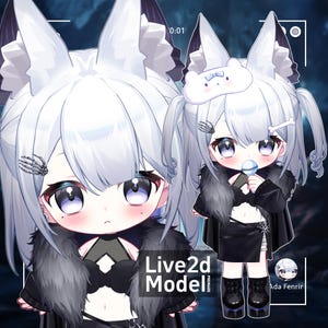May include: Digital illustration of a character with white hair and fox-like ears. The character wears a black outfit with a fur collar and holds a microphone. The image includes the text "Live2d Model" and the name "Ada Fenrir".