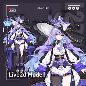 Peut inclure: Un personnage d'anime aux cheveux violets portant un costume de sorcière noir et blanc avec un grand chapeau à larges bords. Le personnage tient un bâton avec une flamme bleue au sommet. Le personnage se tient devant un fond violet avec le texte "Live2D Model" en blanc.