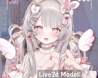 Könnte beinhalten: Eine digitale Illustration eines Charakters mit langen, silbernen Haaren und rosa Augen. Der Charakter ist mit Accessoires im Hasen-Design geschmückt, darunter eine Haarschleife und herzförmige Akzente. Der Text "Live2d Model" ist enthalten.
