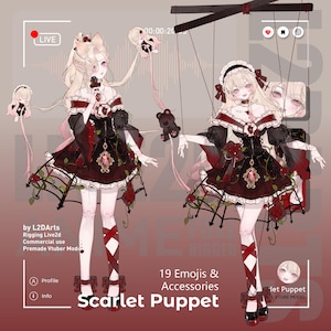 K&ouml;nnte beinhalten: Eine digitale Illustration eines Charakters mit langen blonden Haaren, der ein rot-schwarzes Kleid mit wei&szlig;em Kragen und einer roten Schleife tr&auml;gt. Der Charakter h&auml;lt ein Mikrofon und hat ein rotes Herz auf der Brust. Der Text "Scarlet Puppet" ist in gro&szlig;en Buchstaben unter dem Charakter geschrieben. Der Text "19 Emojis & Accessories" ist &uuml;ber dem Charakter geschrieben.