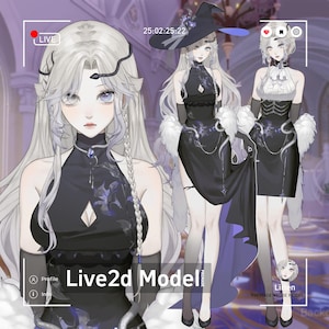 May include: Three digital illustrations of a Live2d Model. The model is a woman with long silver hair, wearing a black dress with a diamond-shaped neckline. The text "Live2d Model" is visible. The model is wearing a witch hat in one illustration.