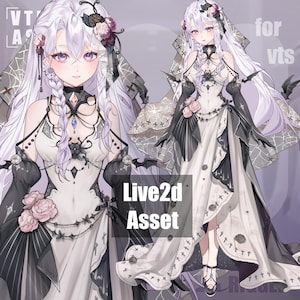 Può includere: Illustrazione digitale di un personaggio in un abito gotico bianco e nero, con lunghi capelli bianchi e dettagli floreali. L'immagine include il testo "Live2d Asset" e "for vts". Il personaggio indossa un choker e un velo.