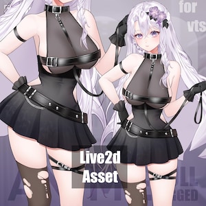 以下が含まれることがあります： 黒い革のアクセントが付いた衣装を着た2人のアニメスタイルのフィギュア。衣装には、ホルターネックのトップス、スカート、ベルトが含まれます。「Live2d Asset」というテキストが表示されます。フィギュアは長い白髪で、リードを持っています。
