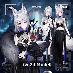 Könnte beinhalten: Eine digitale Illustration einer weiblichen Anime-Figur mit weißen Haaren und blauen Augen. Sie trägt ein schwarz-weißes Outfit mit einem schwarzen Rock und einem weißen Oberteil. Sie hält einen Strauß weißer Blumen mit roten Akzenten. Der Hintergrund ist ein dunkelblauer und violetter Farbverlauf mit einem weißen und blauen Muster.