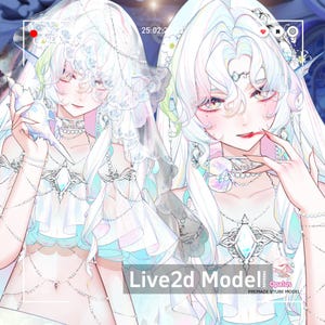Puede incluir: Ilustración digital de un modelo Live2d con pelo largo blanco, vistiendo un vestido blanco con una concha. La imagen tiene una paleta de colores suaves, pastel, con acentos de azul, rosa y verde. El texto "Live2d Model" es visible en la parte inferior.