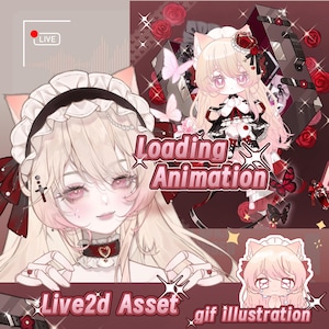 May include: Digital illustration featuring a cute anime-style character with cat ears, wearing a maid outfit. The image includes the text "Loading Animation" and "Live2d Asset". The color palette is dominated by pink, red, and black.