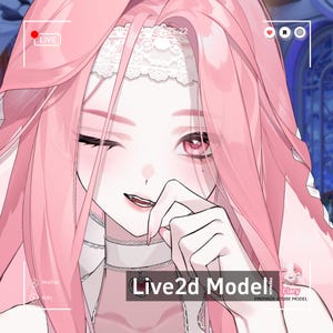 Puede incluir: Una ilustración digital de un personaje con cabello largo rosa, que lleva un tocado de encaje blanco y una gargantilla blanca con un colgante de corazón. El personaje guiña un ojo, tiene ojos rosas y un colmillo visible. Texto: Live2d Model.