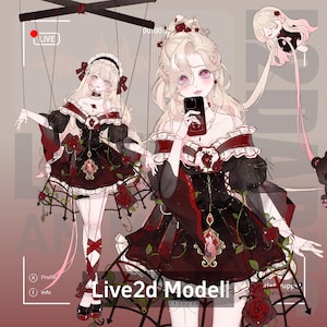 Pode incluir: Uma ilustração digital de uma personagem feminina com cabelo loiro comprido vestindo um vestido preto e vermelho com um design em forma de coração. A personagem está segurando um smartphone e está cercada por rosas e uma teia de aranha. O texto "Live2d Model" é visível na imagem.