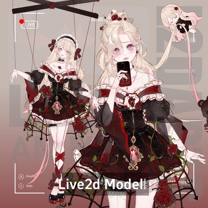 K&ouml;nnte beinhalten: Eine digitale Illustration einer weiblichen Figur mit langen blonden Haaren, die ein schwarzes und rotes Kleid mit einem herzf&ouml;rmigen Design tr&auml;gt. Die Figur h&auml;lt ein Smartphone und ist von Rosen und einem Spinnennetz umgeben. Der Text "Live2d Model" ist im Bild sichtbar.
