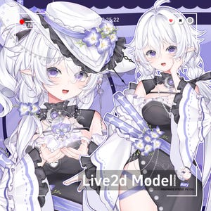Op de afbeelding: Digitale illustratie van twee anime-achtige personages met wit haar en paarse ogen. Ze dragen zwart-witte outfits met bloemen- en lintaccenten. De tekst "Live2d Model" is zichtbaar.