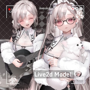 May include: Two anime-style illustrations of a woman in a white and black outfit. One is playing a guitar, the other is holding a white dog. The text "Live2d Model" is visible. The time 25:02:25:22 is displayed.